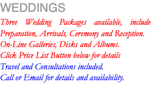 WEDDINGS Three Wedding Packages available, include Preparation, Arrivals, Ceremony and Reception. On-Line Galleries, Disks and Albums. Click Price List Button below for details Travel and Consultations included. Call or Email for details and availability.
