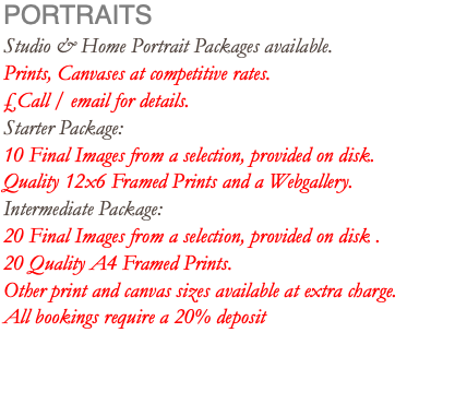 PORTRAITS Studio & Home Portrait Packages available. Prints, Canvases at competitive rates. £Call / email for details. Starter Package: 10 Final Images from a selection, provided on disk. Quality 12x6 Framed Prints and a Webgallery. Intermediate Package: 20 Final Images from a selection, provided on disk . 20 Quality A4 Framed Prints. Other print and canvas sizes available at extra charge. All bookings require a 20% deposit 