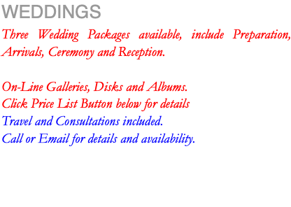 WEDDINGS Three Wedding Packages available, include Preparation, Arrivals, Ceremony and Reception. On-Line Galleries, Disks and Albums. Click Price List Button below for details Travel and Consultations included. Call or Email for details and availability.